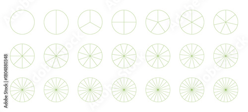Pie chart templates. Segmented charts. Sectors divide the circle on equal parts. Coaching blank. Diagram wheel parts from 1 to 21. Pizza, pie charts set. Outline green graphics. Segments infographic. 
