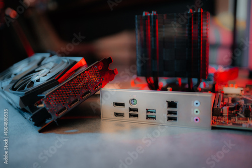 PC repair.PC spare parts. video card, motherboard, RAM, PC cooling system, hard drive, power supply with wires
