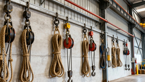 Industrial lifting equipment with ropes and pulleys hanging on a wall in a warehouse