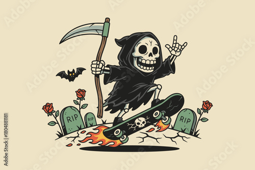 Grim Reaper Skater Dude with Scythe and Rock On Hand Gesture.