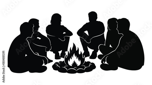 People around campfire silhouette isolated on white background, Vector