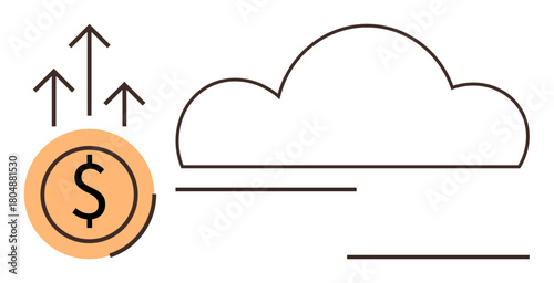 Dollar coin with upward arrows next to a cloud outline. Ideal for innovation, finance, technology, growth, progress, cloud storage, future investments. Simple flat metaphor