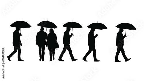 Silhouettes of people walking with umbrellas isolated on white background, Vector