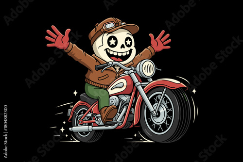 Cartoon Skeleton Character Riding a Vintage Motorcycle with Arms