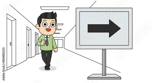 Cartoon man walking toward right direction sign in hallway  