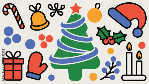 Festive Christmas Icons Tree Gifts Mittens Holly Bells Stocking Ornament and Candy Cane