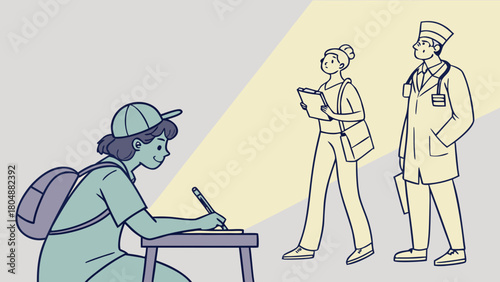 Hopeful student imagining bright future career shown as 2D glowing outlines forming around him in inspirational 