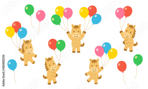 カラフルな風船を持ち様々なポーズをする馬のワクワクなイラストセット素材