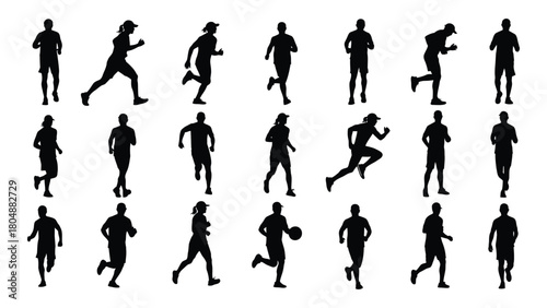 Running and jogging people silhouettes isolated on white background, Vector
