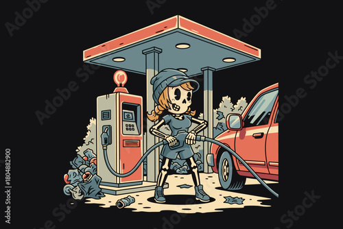 Skeleton girl at gas station filling up car.