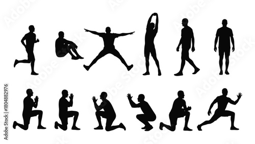 Human exercise and movement silhouettes isolated on white background, Vector