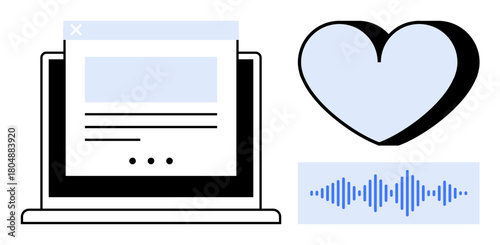 Open laptop with web page, heart symbol, audio waveform reflecting digital communication and emotional connection. Ideal for technology, social media, online relationships, communication, content