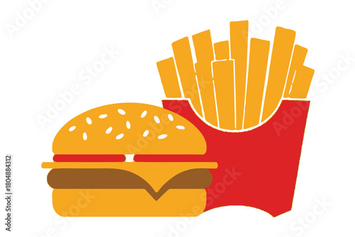 A burger and french fries are displayed on a white background.