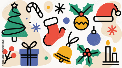 Festive Christmas Icons Tree Mitten Gift Bells Ornament Stocking and Candy Cane