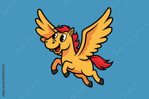 Cute Cartoon Pegasus Flying With Wings Spread Wide.
