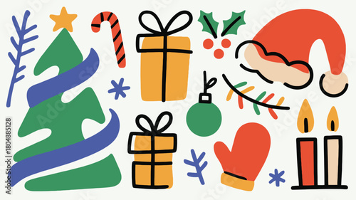 Festive Christmas Holiday Icons in a Flat Cartoon Style Illustration
