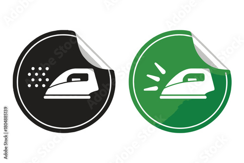 Two circular icons depict steam irons with different settings.