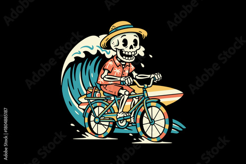 Skeleton riding a bicycle with a surfboard and a wave.