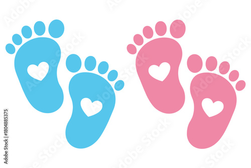 Two pairs of baby footprints, one blue and one pink, each with a heart shape inside.