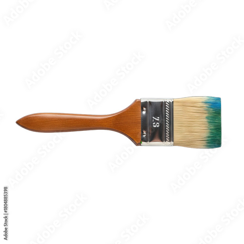 Wooden Paintbrush with Bristles Dipped in Blue and Green Paint Isolated on a Black Background Close Up Studio Shot