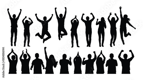 Happy people silhouettes jumping and cheering isolated on white background, Vector