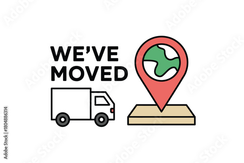A moving truck and a map marker with a globe indicate that we have moved.
