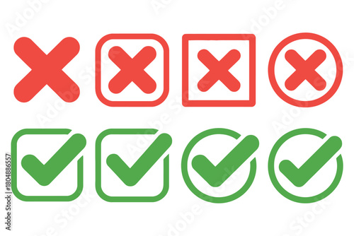 A collection of red cross marks and green checkmarks in various shapes and styles.