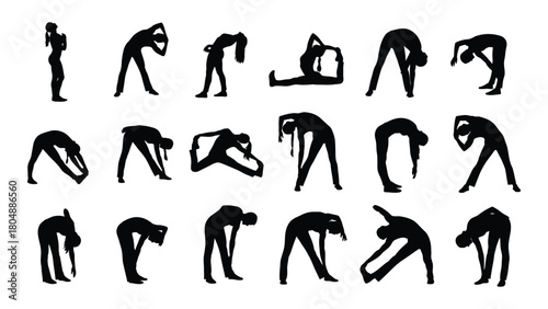 Stretching and exercise silhouettes collection isolated on white background, Vector