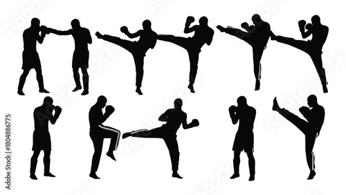 Martial arts and kickboxing silhouettes isolated on white background, Vector