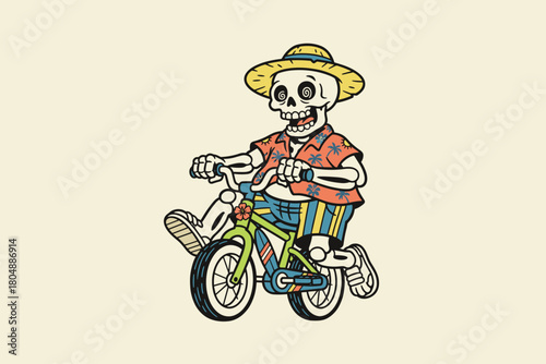Skeleton riding a bicycle wearing a straw hat and colorful short