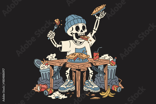 Skeleton enjoying a messy meal with junk food and drinks.