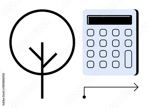 Minimal tree outline next to a calculator with arrow indicating process. Ideal for finance, sustainability, nature conservation, eco-friendly investment, accounting, decision-making, analysis. Simple