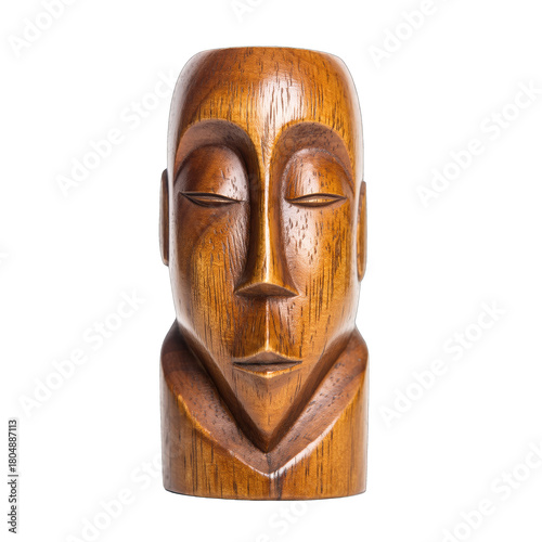 Wooden Tribal Mask Sculpture With Closed Eyes And Detailed Carving Isolated On Black Background Soft Lighting