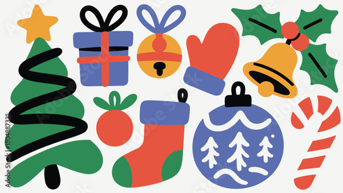 Colorful Christmas Icons Tree Gift Ornament Bell Mitten Stocking Holly and Candy Cane