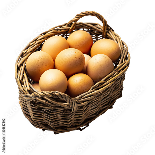 Woven Basket Filled With Brown Eggs Isolated On Black Background Natural Lighting Highlights Speckled Shells