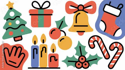 Festive Christmas Icons Tree Gift Bell Stocking Candy Cane and Holly