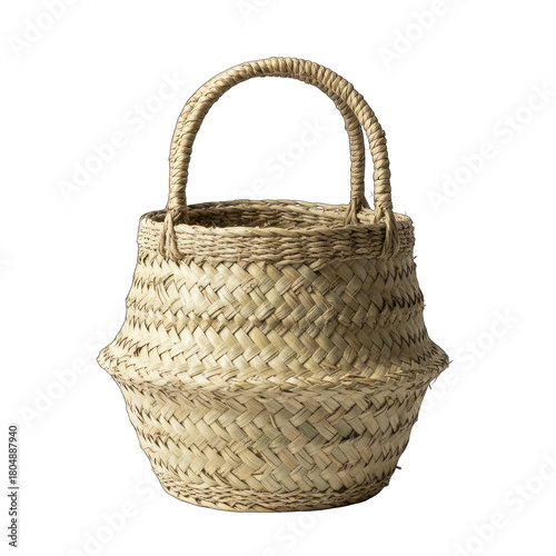 Woven Seagrass Basket With Handles Natural Fibers Handcrafted Storage Container Rustic Bohemian Decor Isolated on Black Background Studio Shot