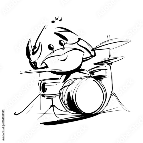 Crab playing drums vector illustration for music lovers and cartoon animal character drum set art design drawing