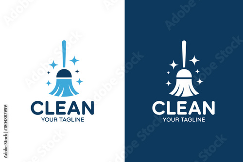 A cleaning service logo features a broom and sparkling stars against a blue background.