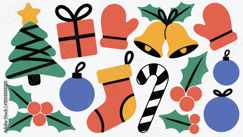 Festive Christmas Icons Tree Presents Ornaments Bells and Holiday Cheer