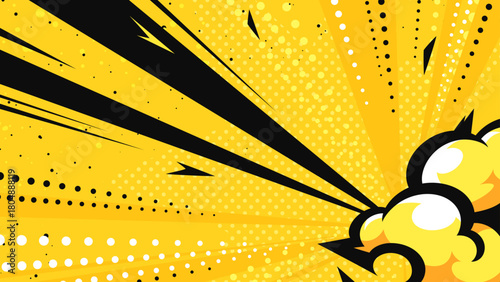 アメコミ風の右下からの衝撃と煙の背景イラスト_黄色_16:9