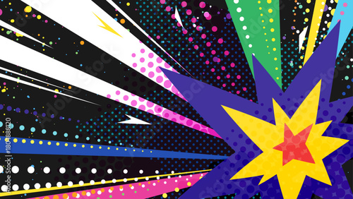 アメコミ風の右下からの衝撃のカラフルでポップな背景イラスト_16:9