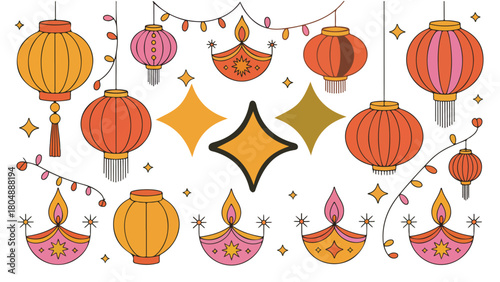 Set of Diwali decorations including lanterns oil lamps and string lights vector illustration for festive designs