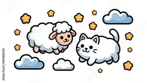 Cute cartoon sheep and cat illustration surrounded by stars and clouds vector design for childrens book or nursery decor