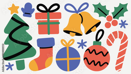 Whimsical Christmas Icons A Colorful Holiday Celebration with Classic Festive Elements