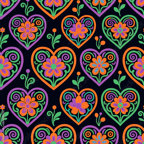 Vibrant floral heart pattern for fabric design and festive backgrounds, joyful colors