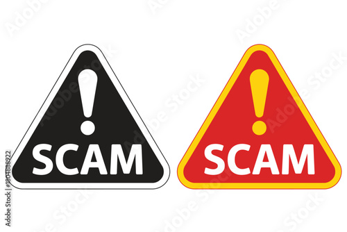 Two warning signs alert viewers to a scam alert.