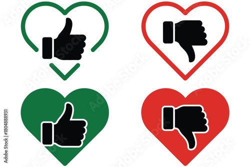 Thumbs up and thumbs down icons inside heart shapes represent approval and disapproval.