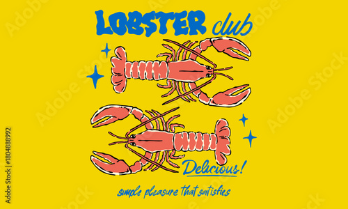 Retro artwork of two fresh lobsters with sparkles. Vintage Lobster Club illustration for seafood restaurant t shirt print