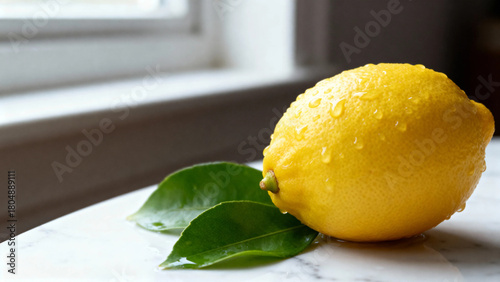 A fresh lemon with water droplets and green leaves on a marble surface near a window